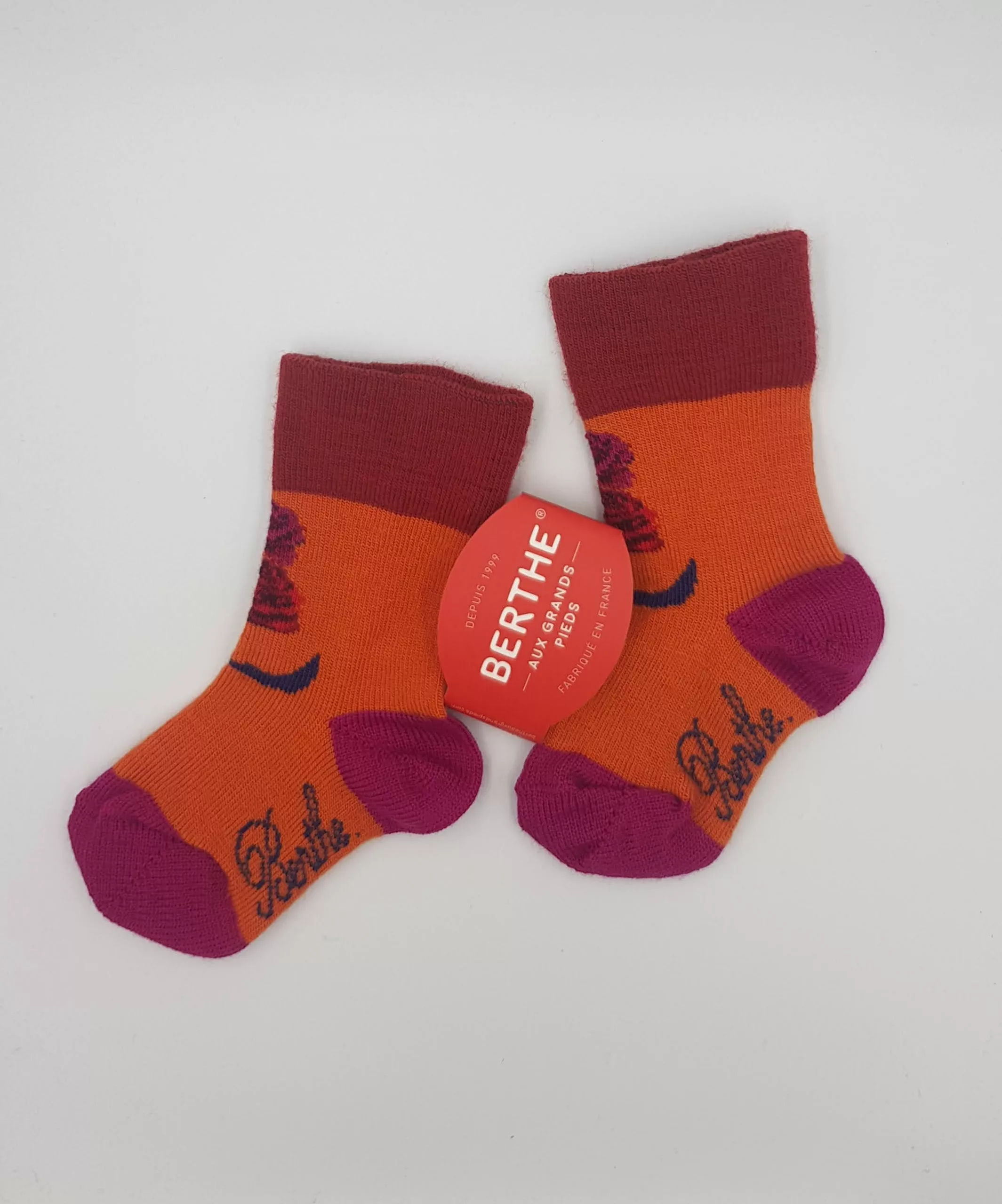 Chaussettes Enfant Floral Berthe aux Grands Pieds – 68% Laine Peignée – Orange rose & Rouge