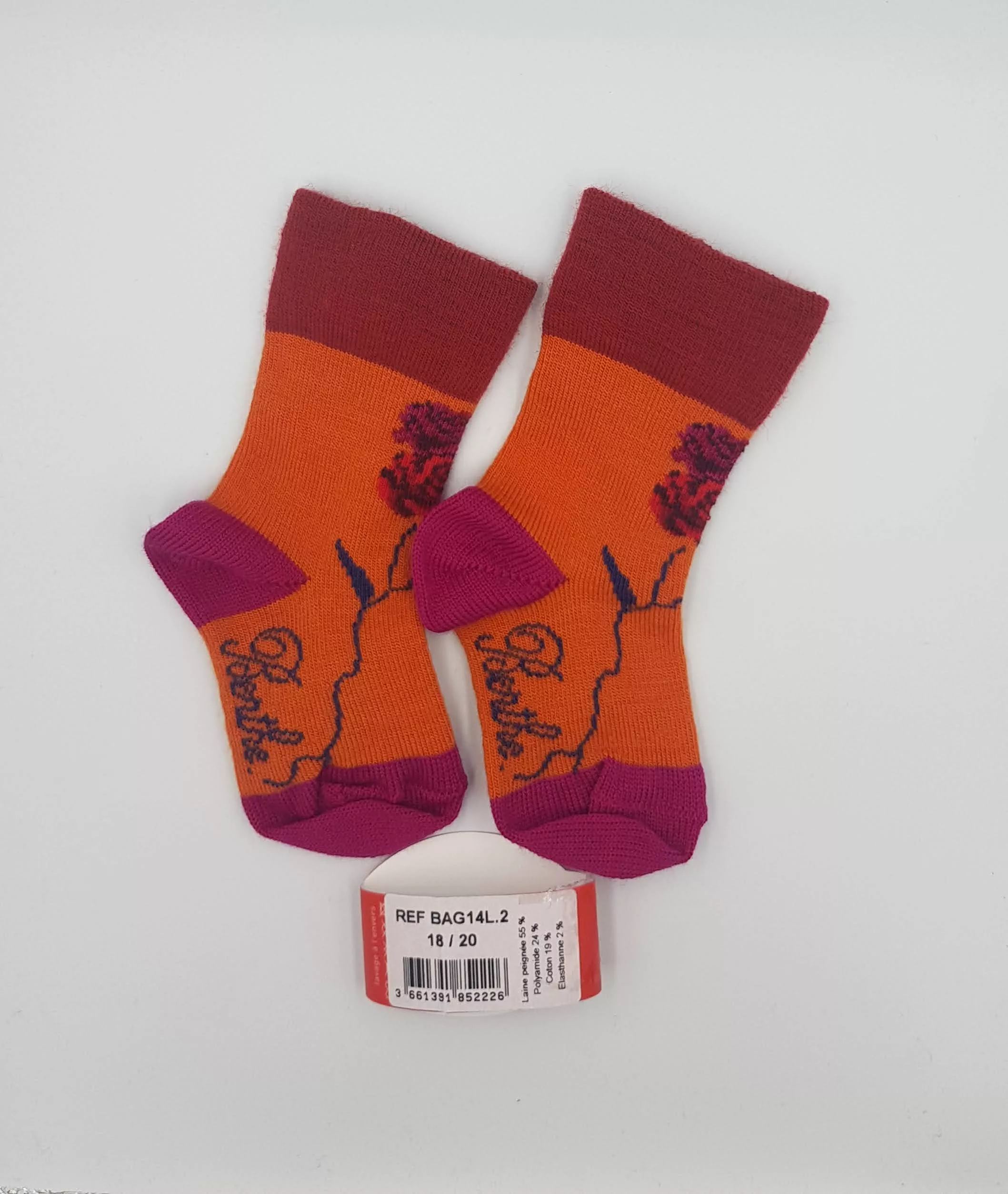 Chaussettes Enfant Floral Berthe aux Grands Pieds – 68% Laine Peignée – Orange rose & Rouge