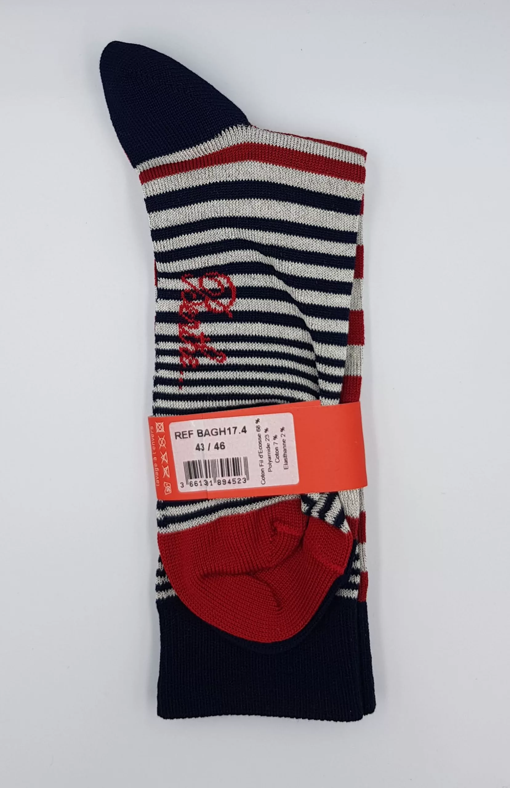 Chaussettes Homme Marinière Berthe aux Grands Pieds – Fil d&rsquo;Écosse – Rouge, Marine & Blanc