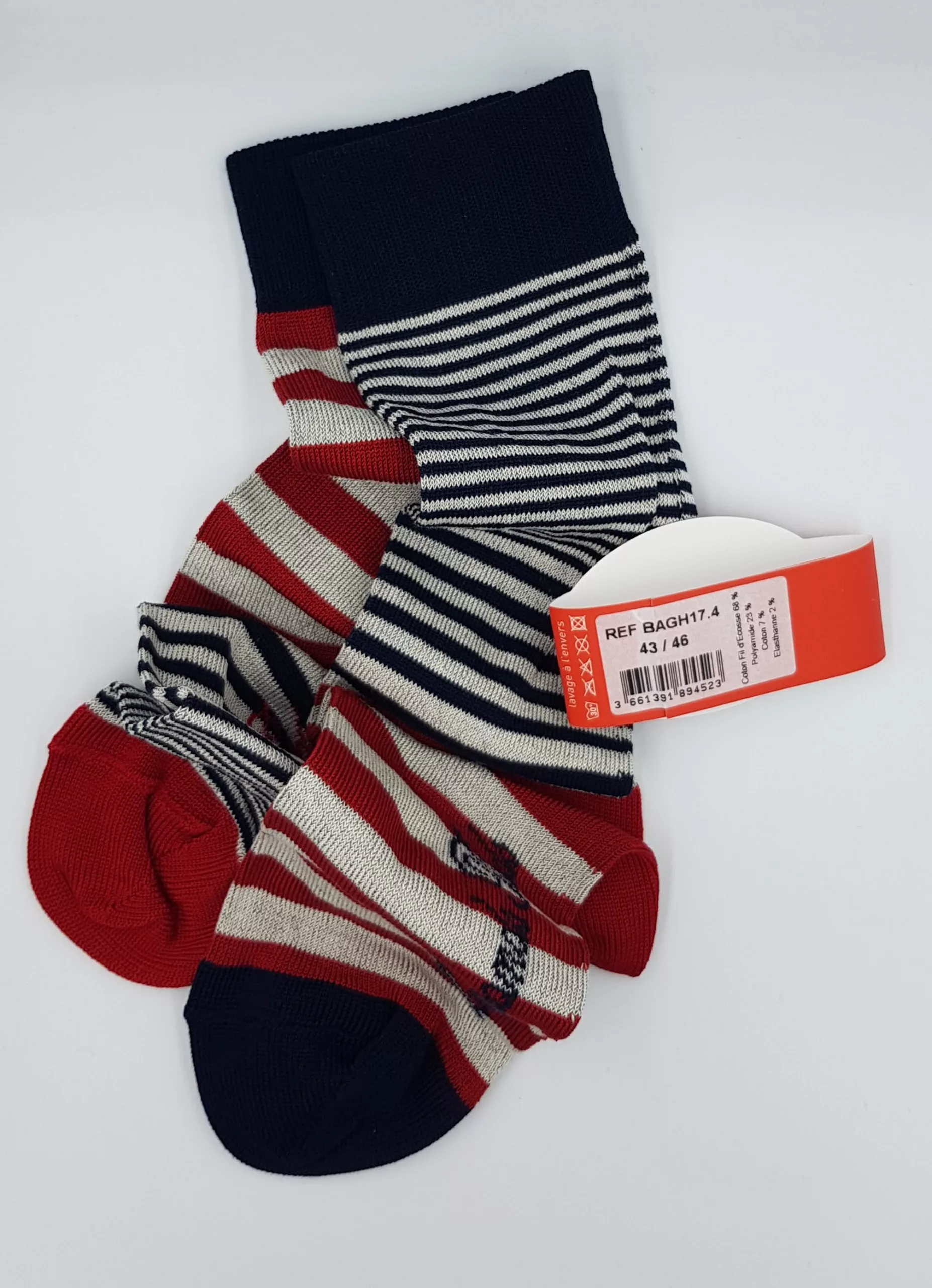 Chaussettes Homme Marinière Berthe aux Grands Pieds – Fil d&rsquo;Écosse – Rouge, Marine & Blanc