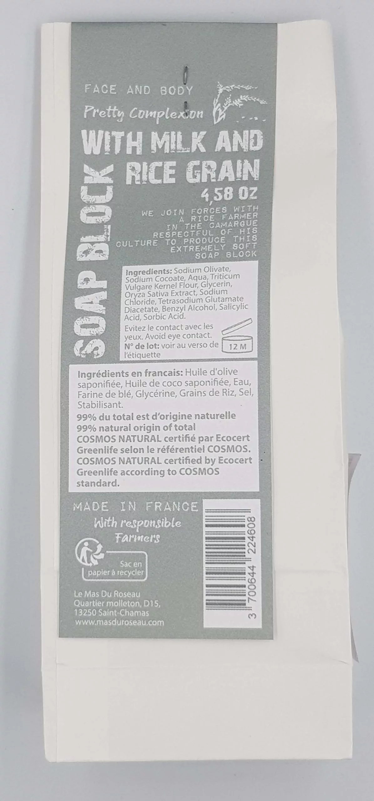 Bloc de savon Miel bienfaisant ou lait et grain de riz douceur 130gr