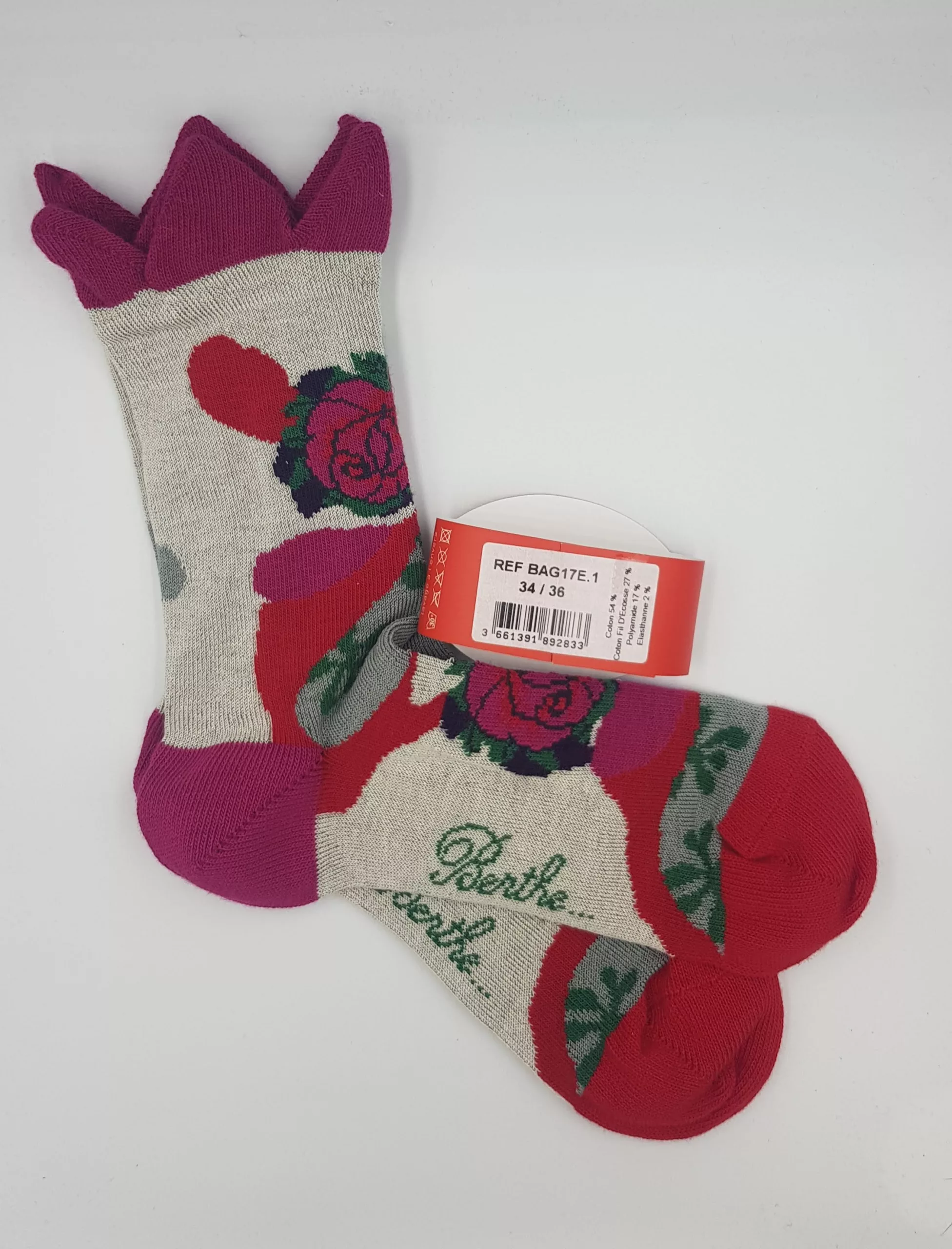 Chaussettes Berthe aux Grands Pieds – Coton & Fil d&rsquo;Écosse – Fabriqué en France- 34/36 -couronne florale