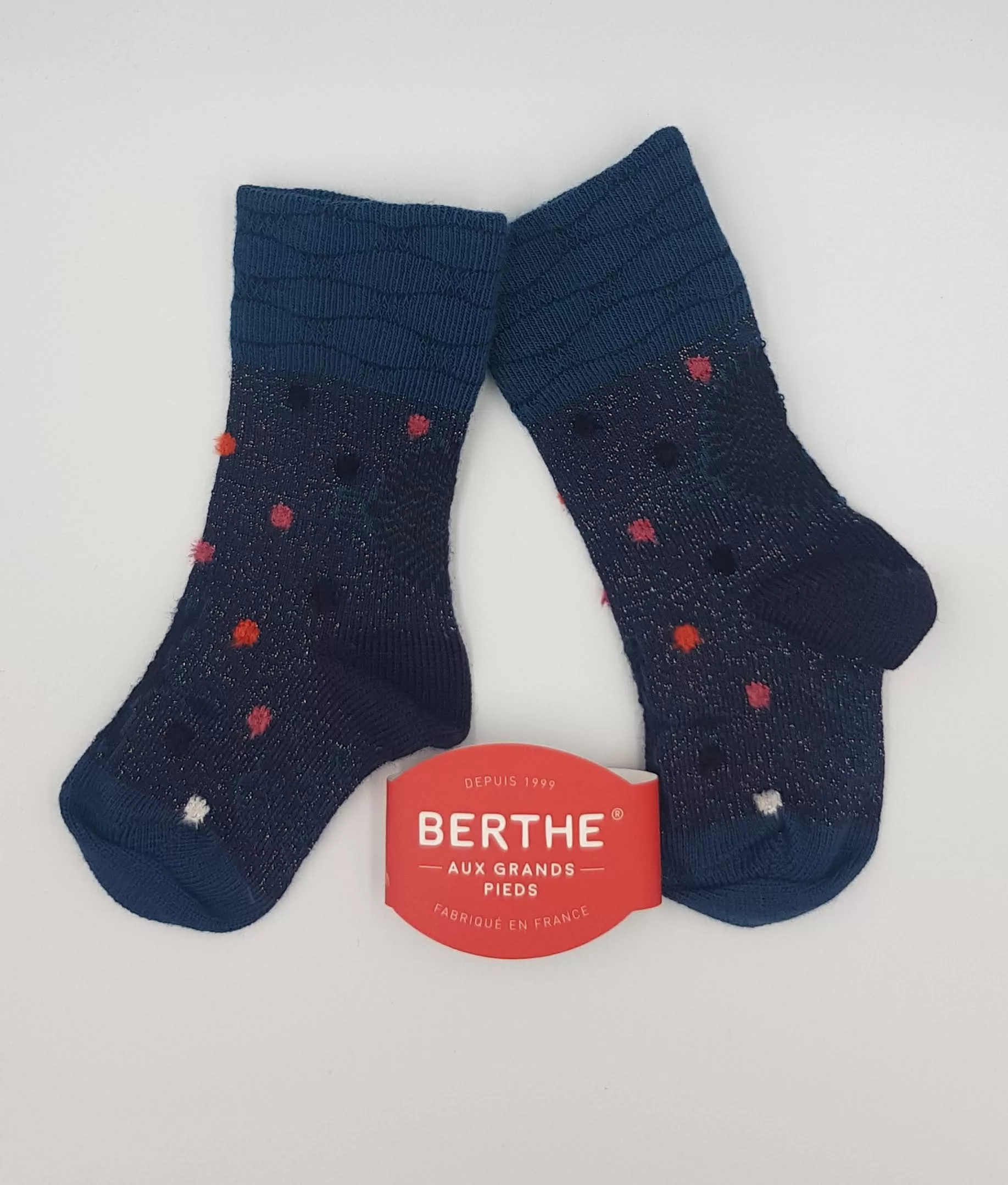 Chaussettes Enfant Berthe aux Grands Pieds – Marine Pailleté, Pois Multicolores & Vert Sapin