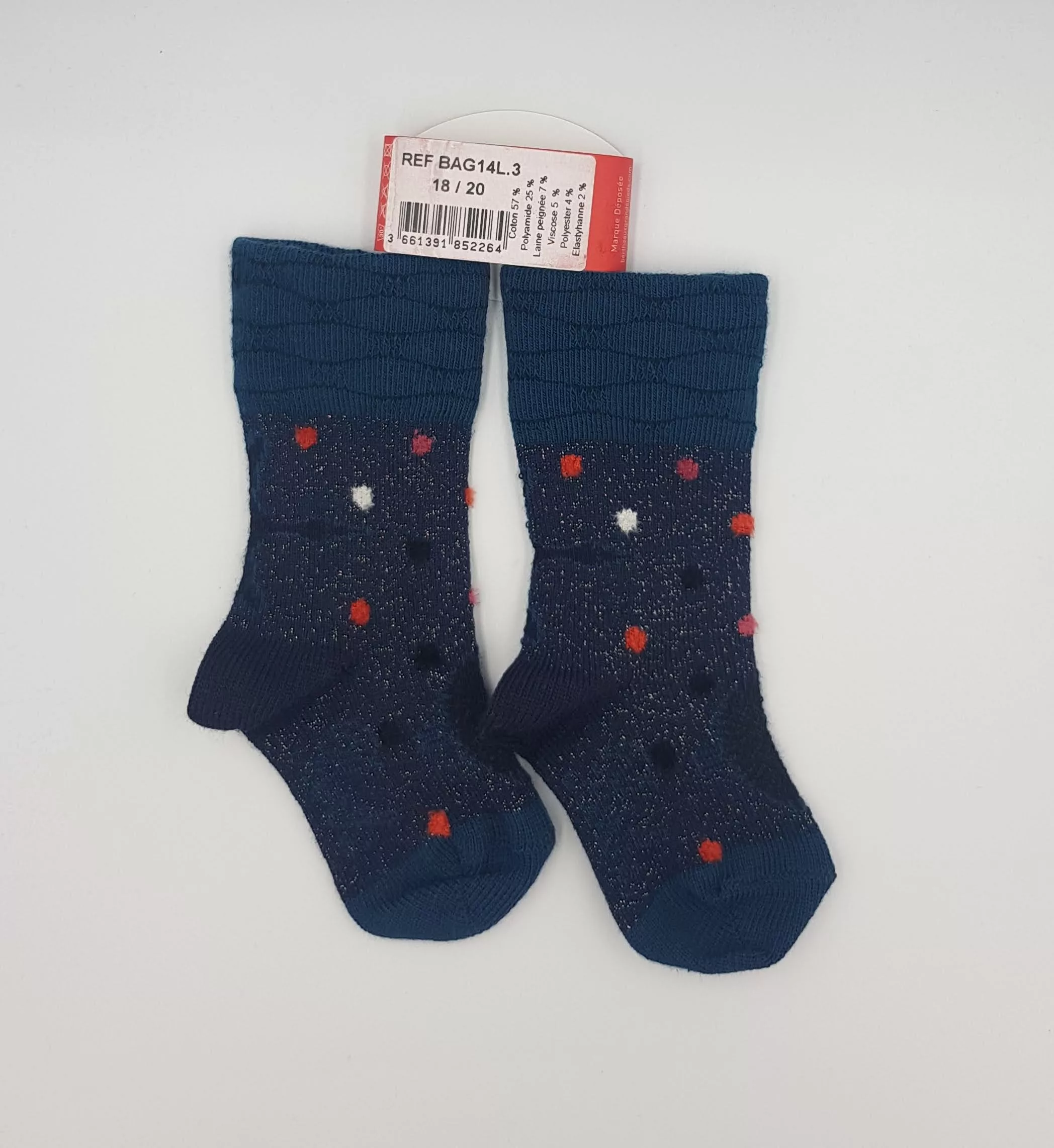 Chaussettes Enfant Berthe aux Grands Pieds – Marine Pailleté, Pois Multicolores & Vert Sapin