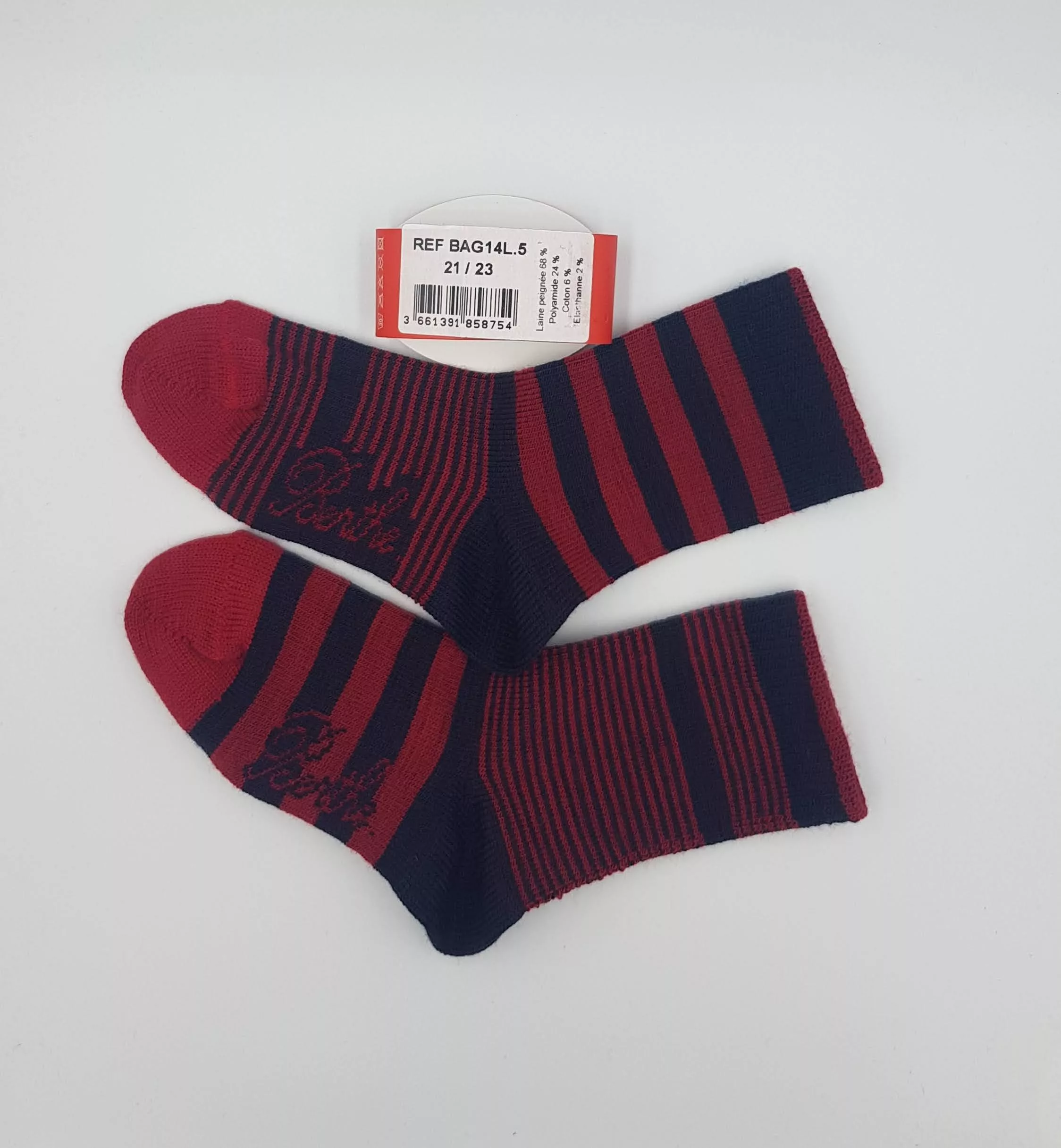 Chaussettes Enfant Marinière Berthe aux Grands Pieds – 55% Laine Peignée – Marine & Rouge