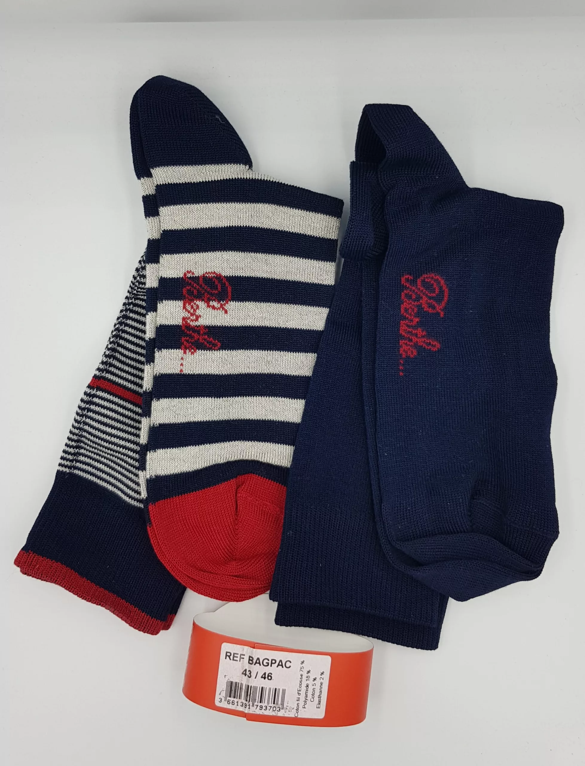 Duo de Chaussettes Homme Berthe aux Grands Pieds – 75% Fil d&rsquo;Écosse – Marine & Marinière