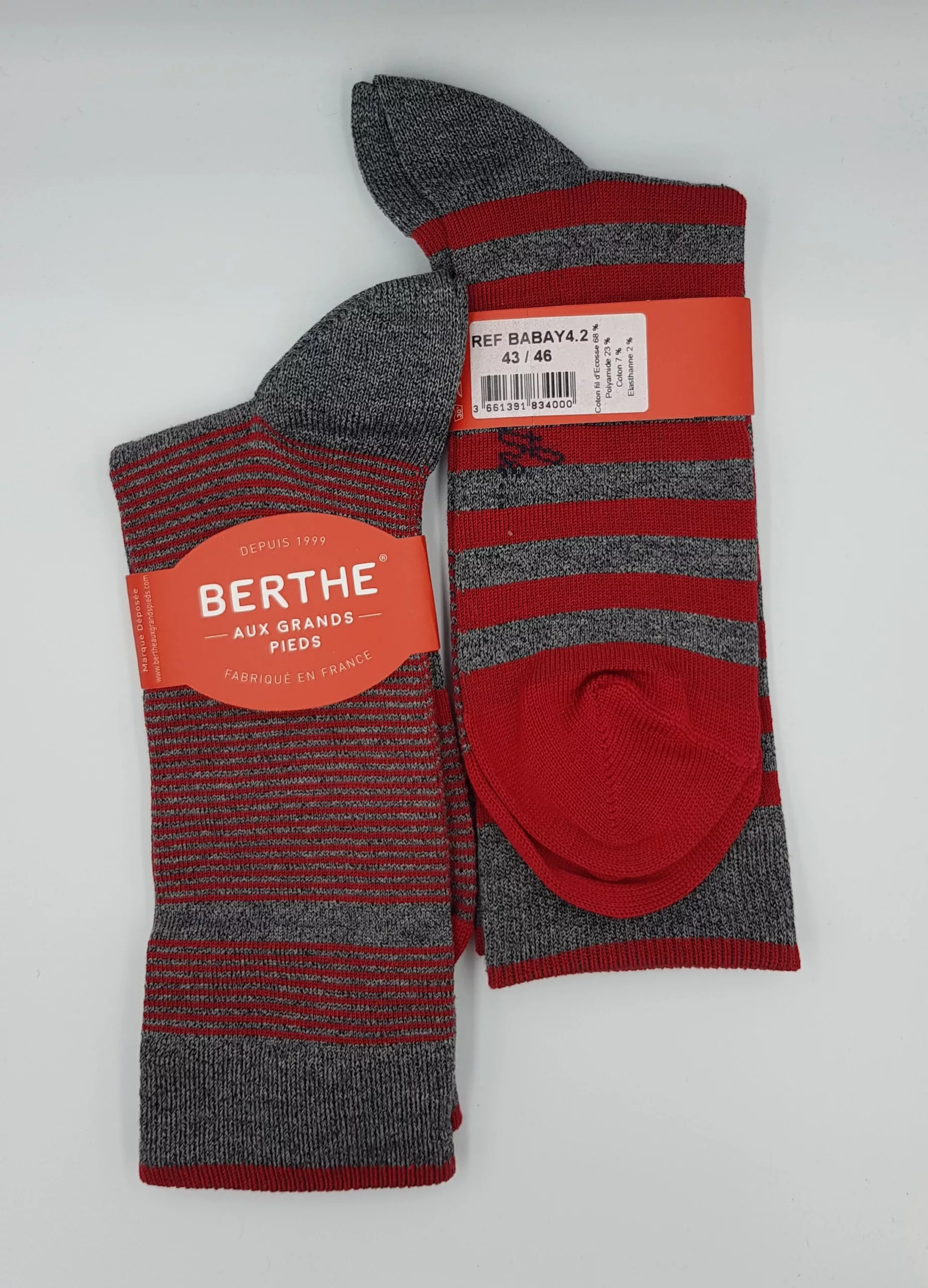 Chaussettes Homme Berthe aux Grands Pieds – Fil d&rsquo;Écosse – Gris Chiné & Rayures Rouges