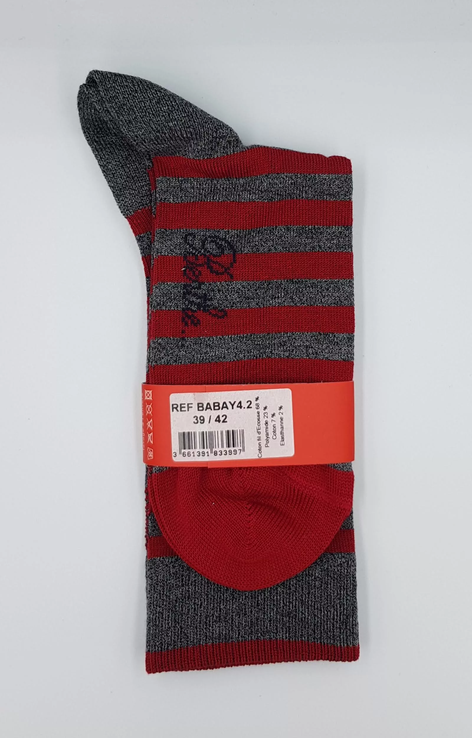 Chaussettes Homme Berthe aux Grands Pieds – Fil d&rsquo;Écosse – Gris Chiné & Rayures Rouges
