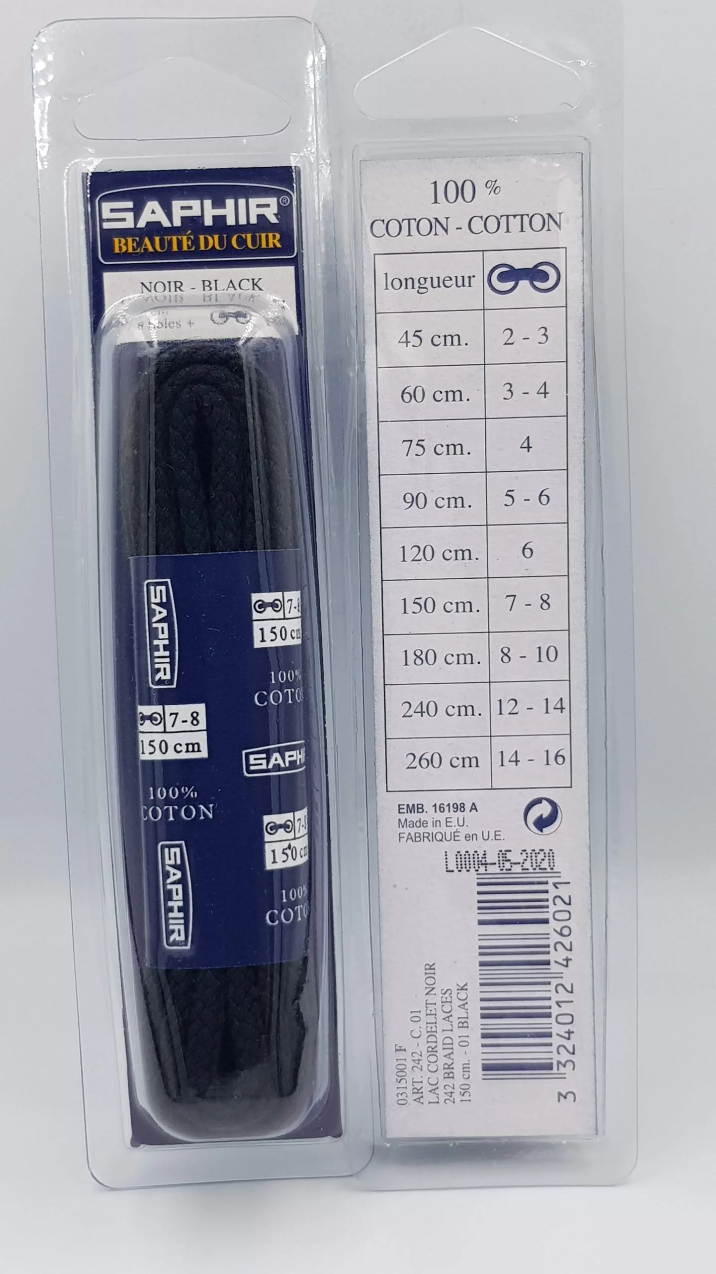 Lacets Cordelet Saphir (150 cm) | 100% Coton | Idéal Chaussures de Travail/Montantes