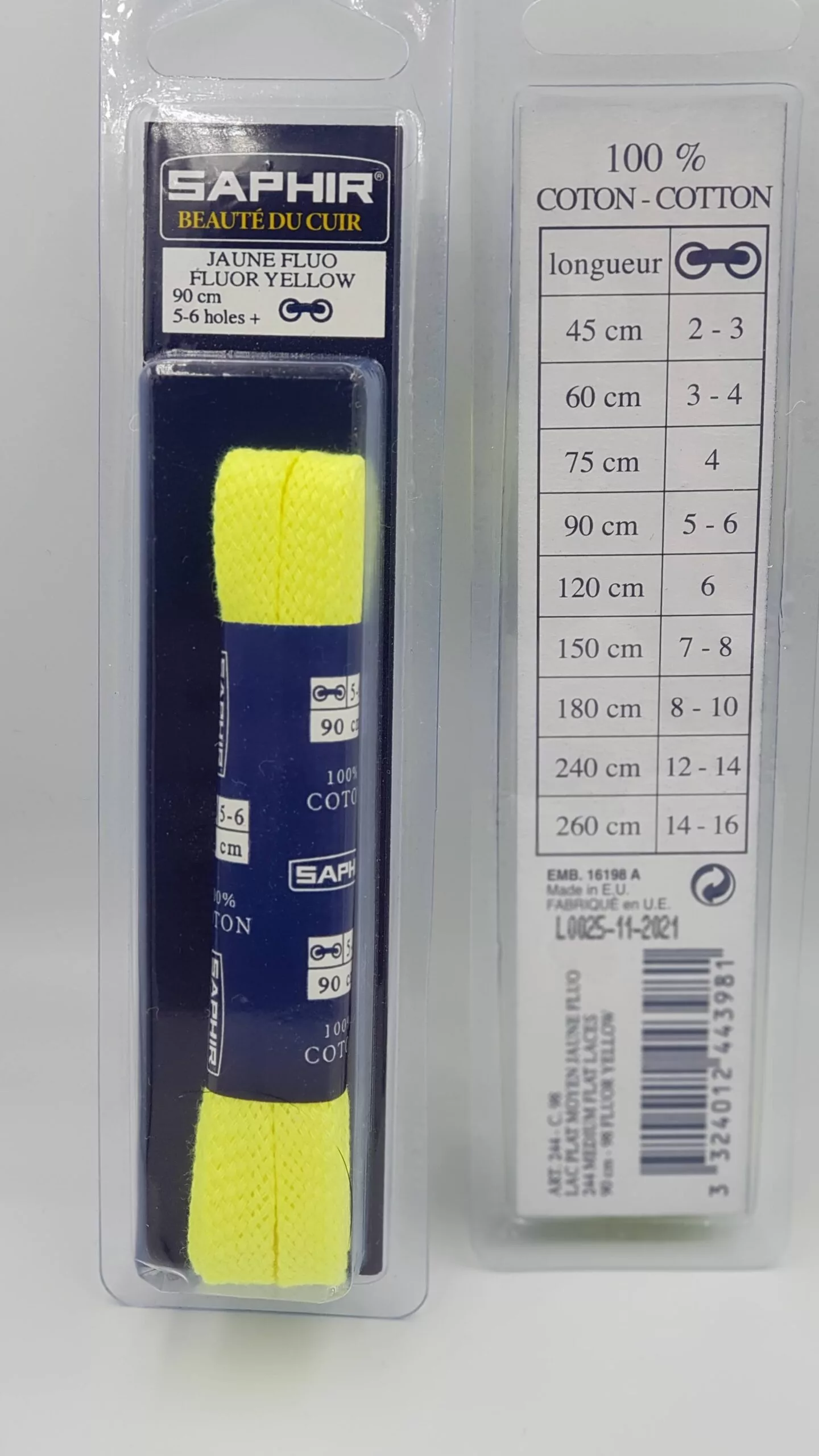 Lacets Plats Moyen Saphir (90 cm ) | 100% Coton Couleur jaune fuo (fluor yellow 98)