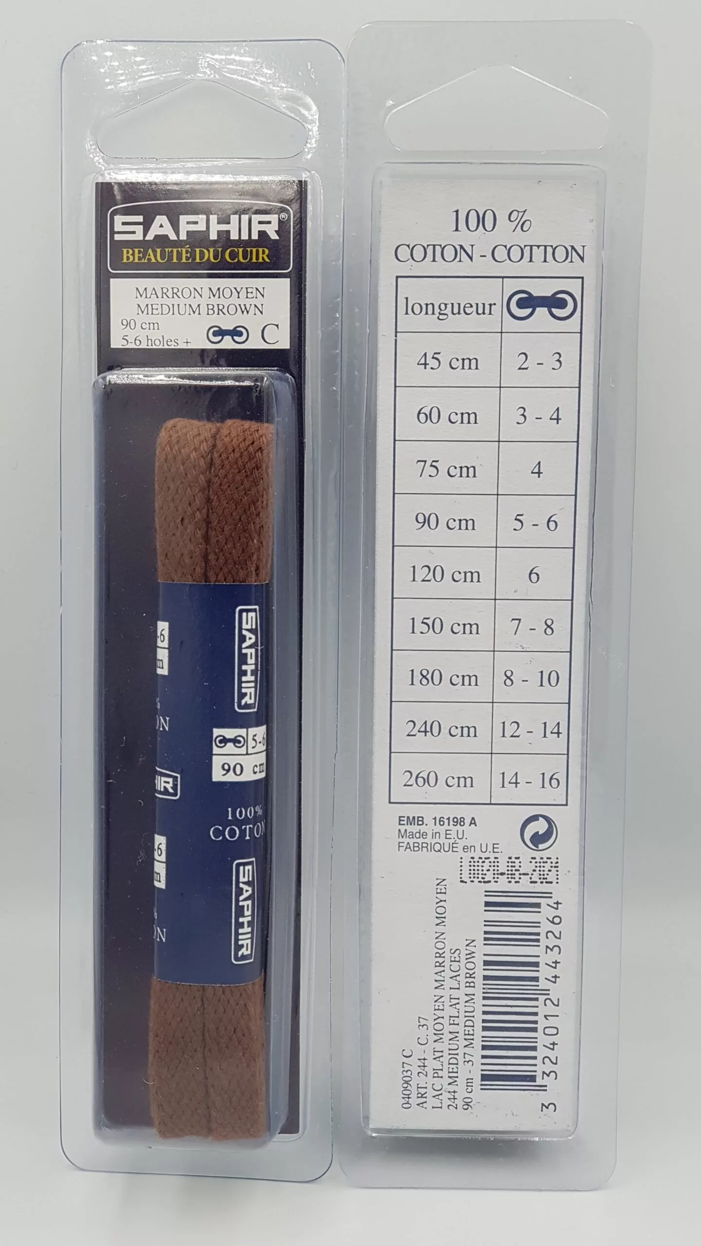 Lacets Plats Moyen Saphir (90 cm ) | 100% Coton Couleur marron moyen (medium brown 37)