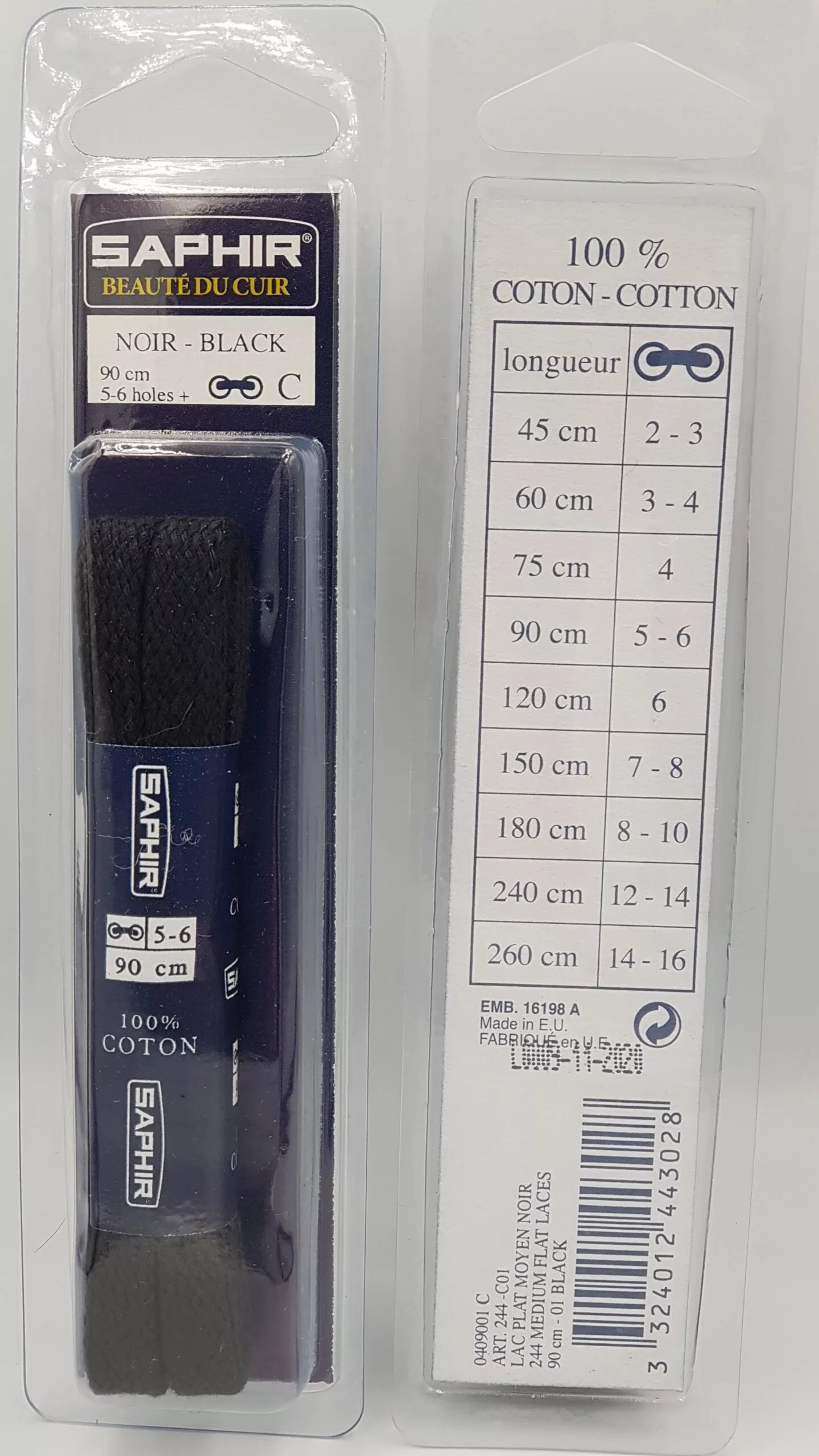 Lacets Plats Moyen Saphir (90 cm ) | 100% Coton Couleur noir (black 01)