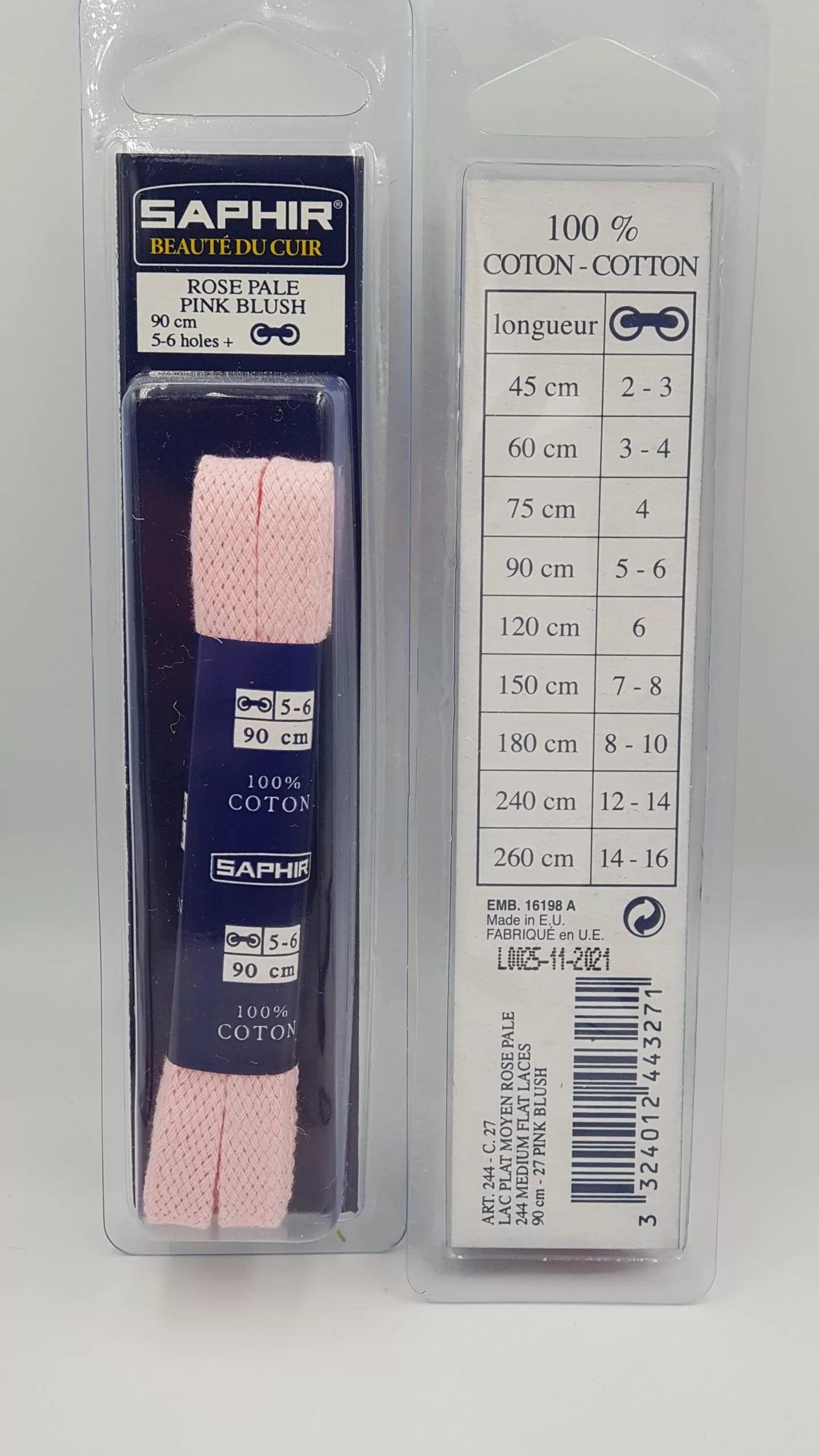 Lacets Plats Moyen Saphir (90 cm ) | 100% Coton Couleur rose pale (pink blush 27)