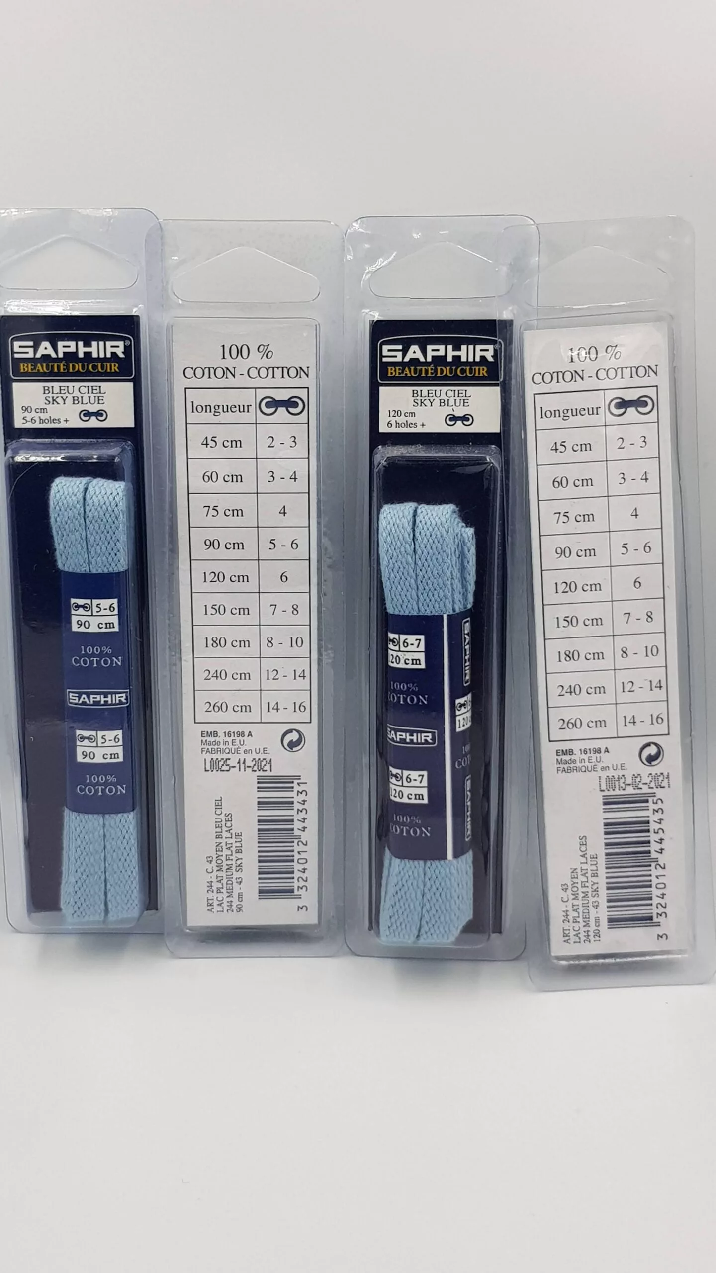 Lacets Plats Moyen Saphir (90 cm ou 120 cm) | 100% Coton Bleu ciel (sky blue 43)