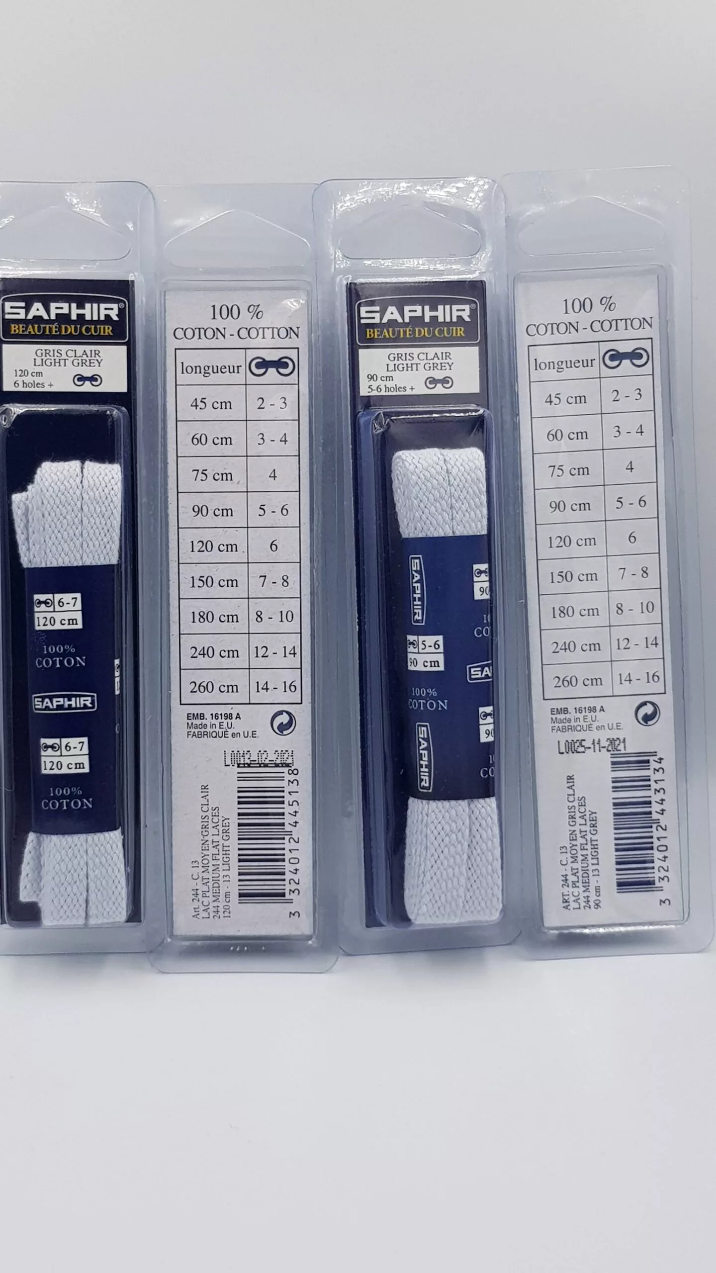 Lacets Plats Moyen Saphir (90 cm ou 120 cm) | 100% Coton Couleur gris clair (light gre 13)