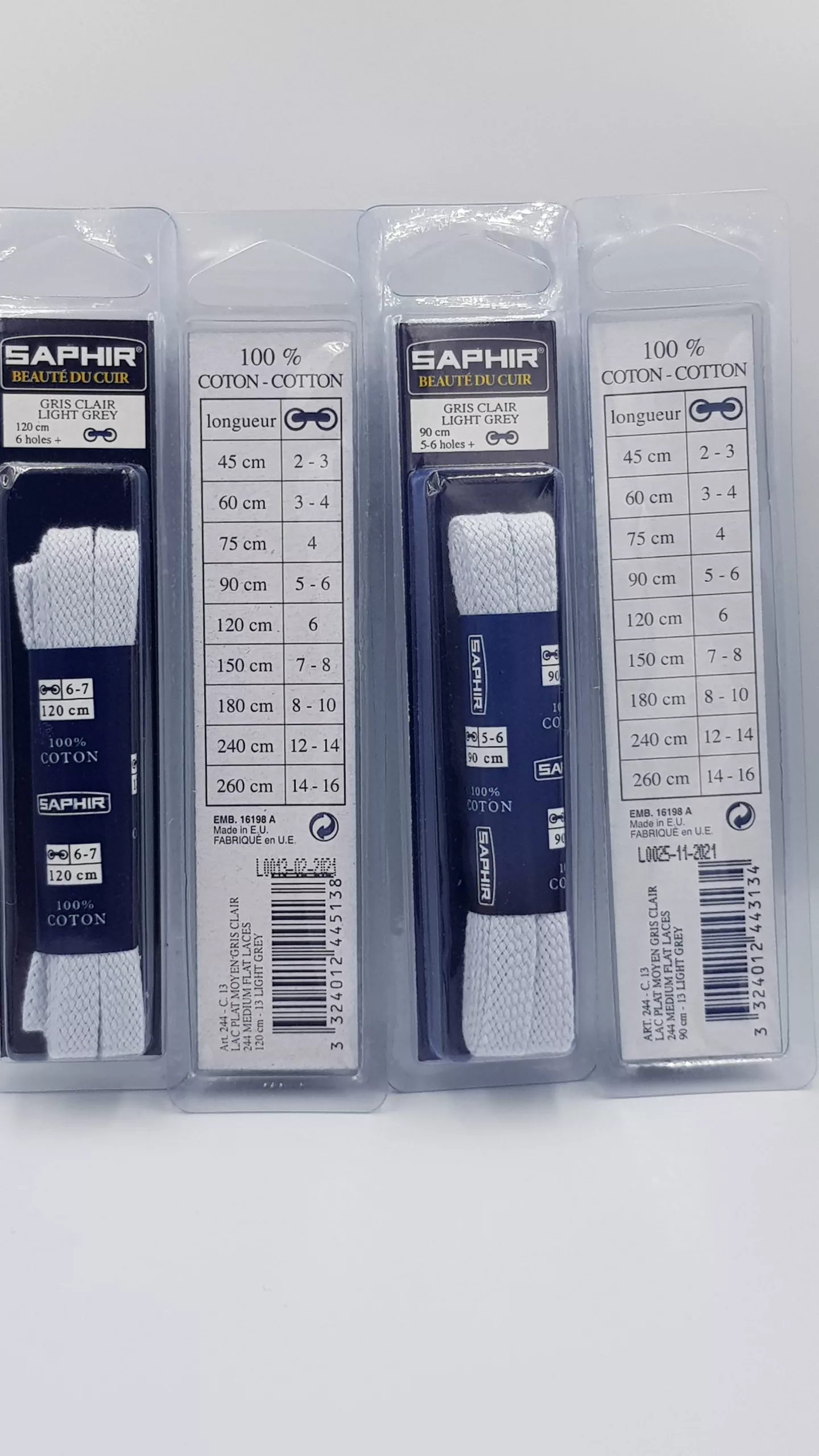 Lacets Plats Moyen Saphir (90 cm ou 120 cm) | 100% Coton Couleur gris clair (light grey 13)