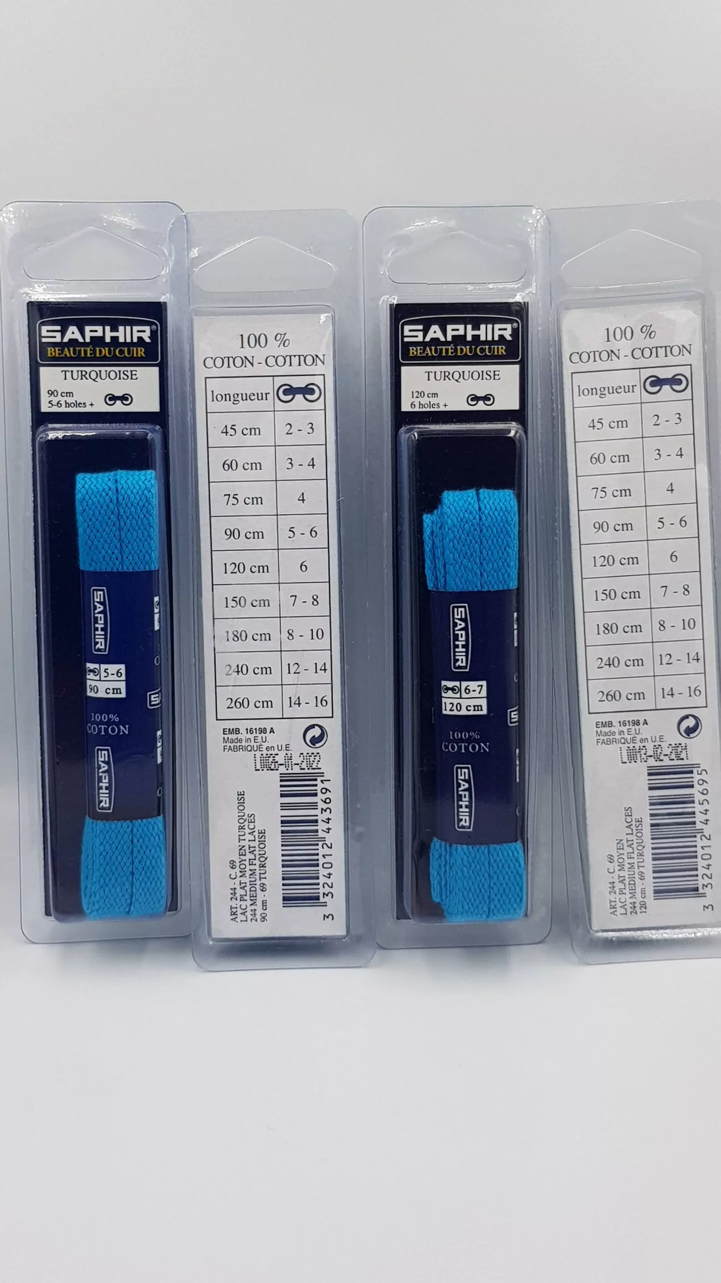 Lacets Plats Moyen Saphir (90 cm ou 120cm) | 100% Coton Couleur turquoise (turquoise 69)