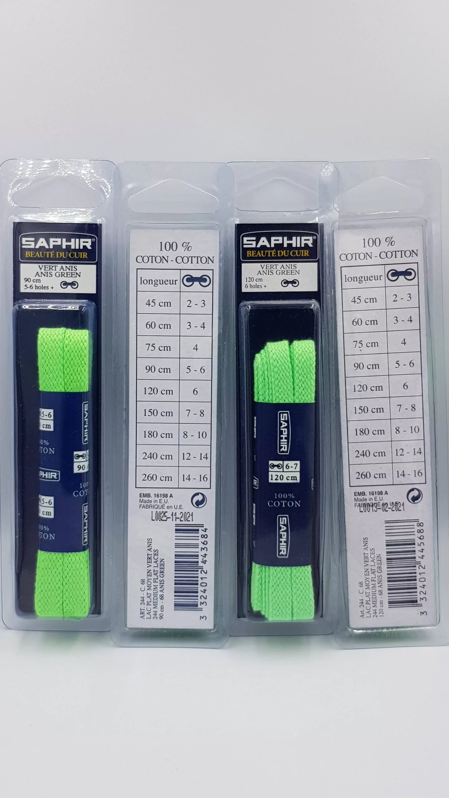 Lacets Plats Moyen Saphir (90 cm ou 120 cm) | 100% Coton Couleur vert anis (anis green 68)