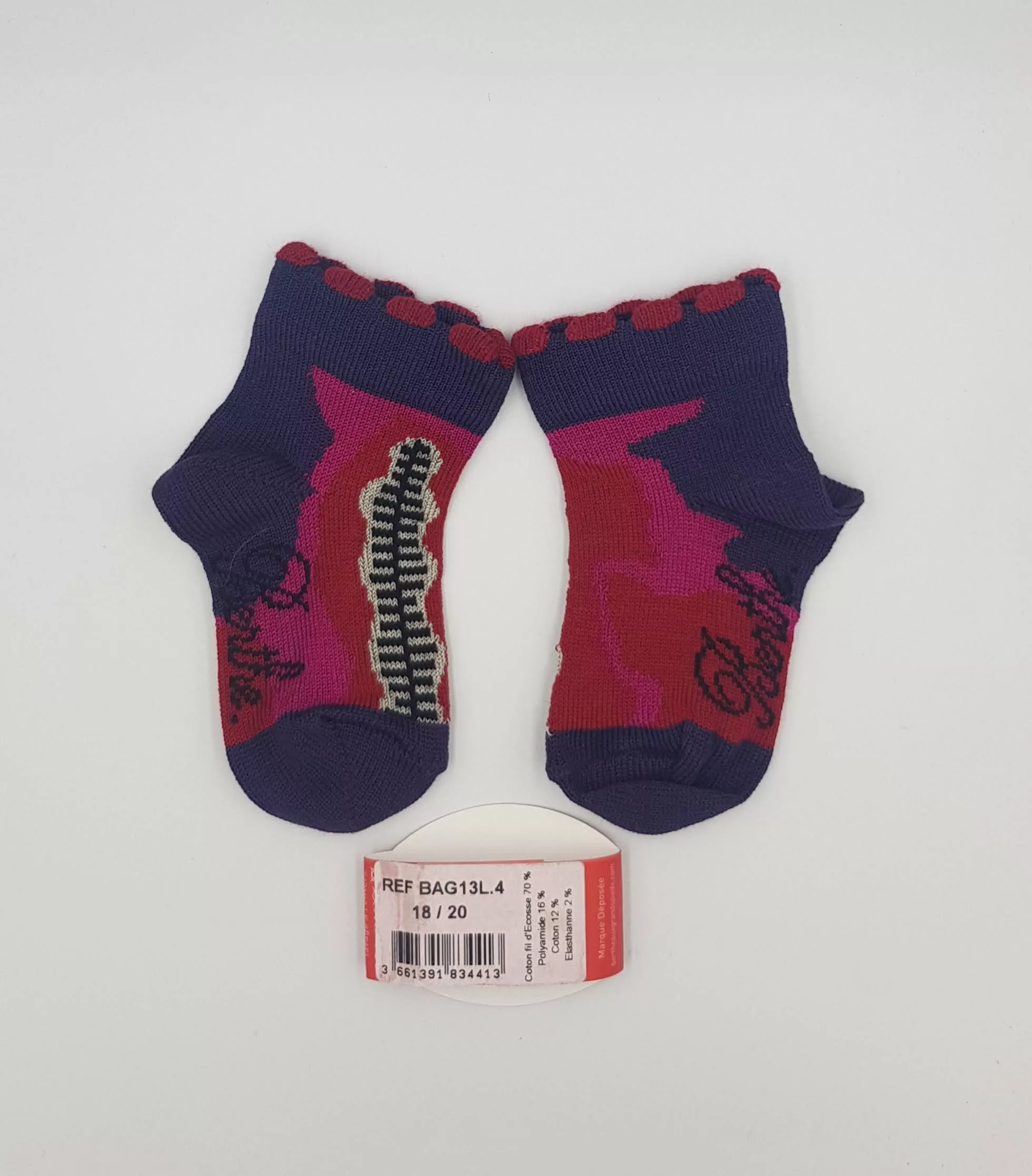 Socquettes Enfant Berthe aux Grands Pieds – Fil d&rsquo;Écosse – Dégradé Violet, Rose & Rouge